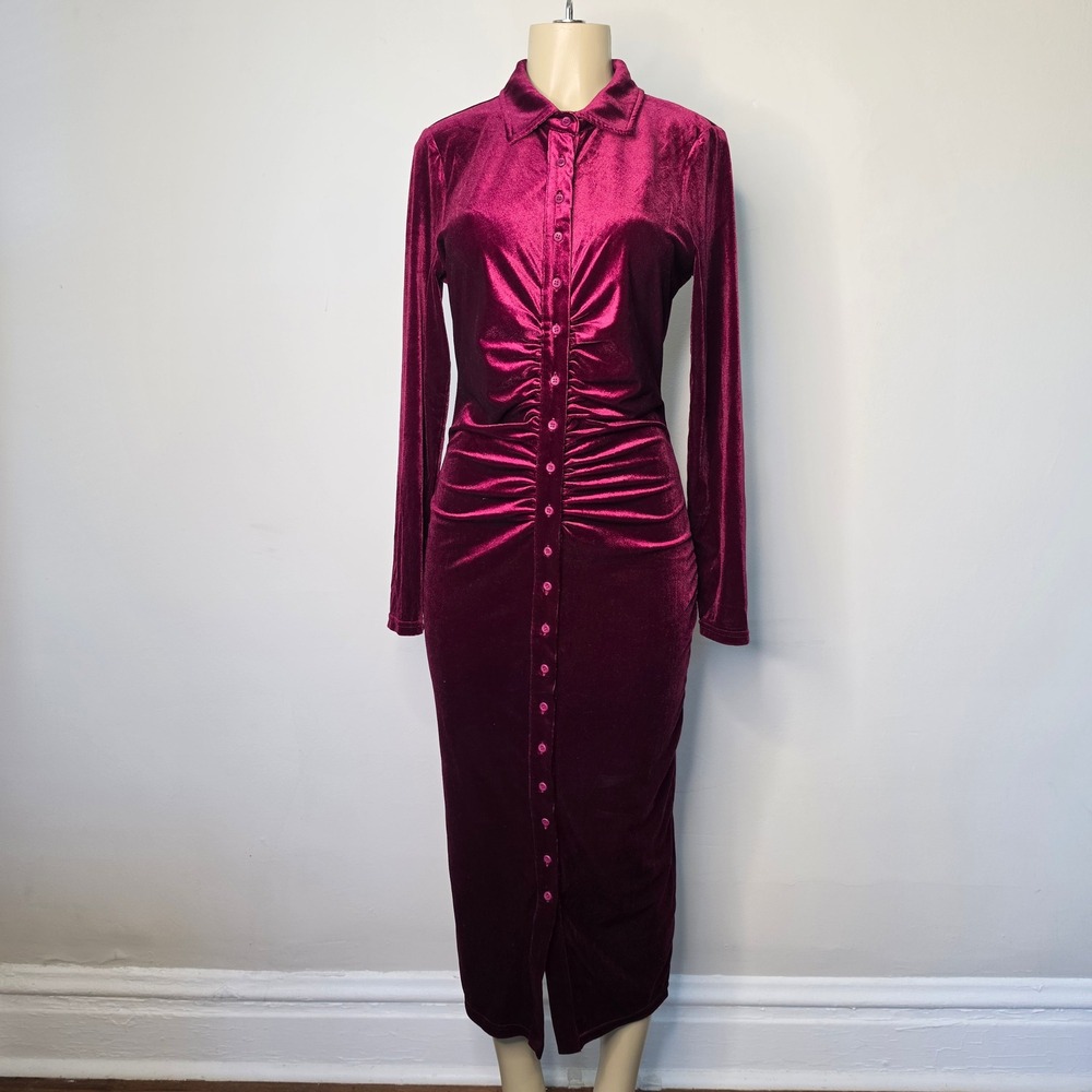 Fashion Nova Dress Women XL Wine Katie Velvet Midi Ruched Button Long Sleeve NEW